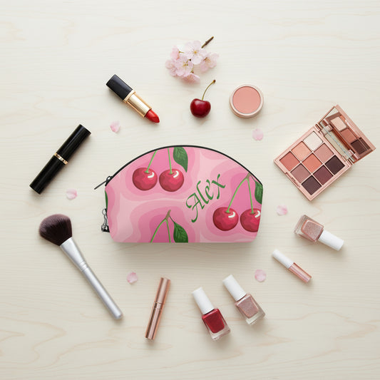 Leather Makeup Bag, Custom Make up Personalized Curve Toiletry Case, PU Leather Pink cherry