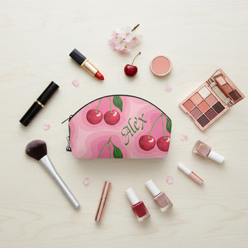 Leather Makeup Bag, Custom Make up Personalized Curve Toiletry Case, PU Leather Pink cherry