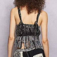 Charcoal fringe hem tank with lace back panel and gathered shoulder straps