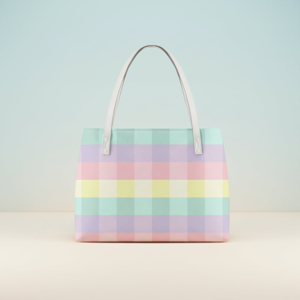 Checkered Tote Bag | Pastel Rainbow Gingham Waterproof Shoulder Bag