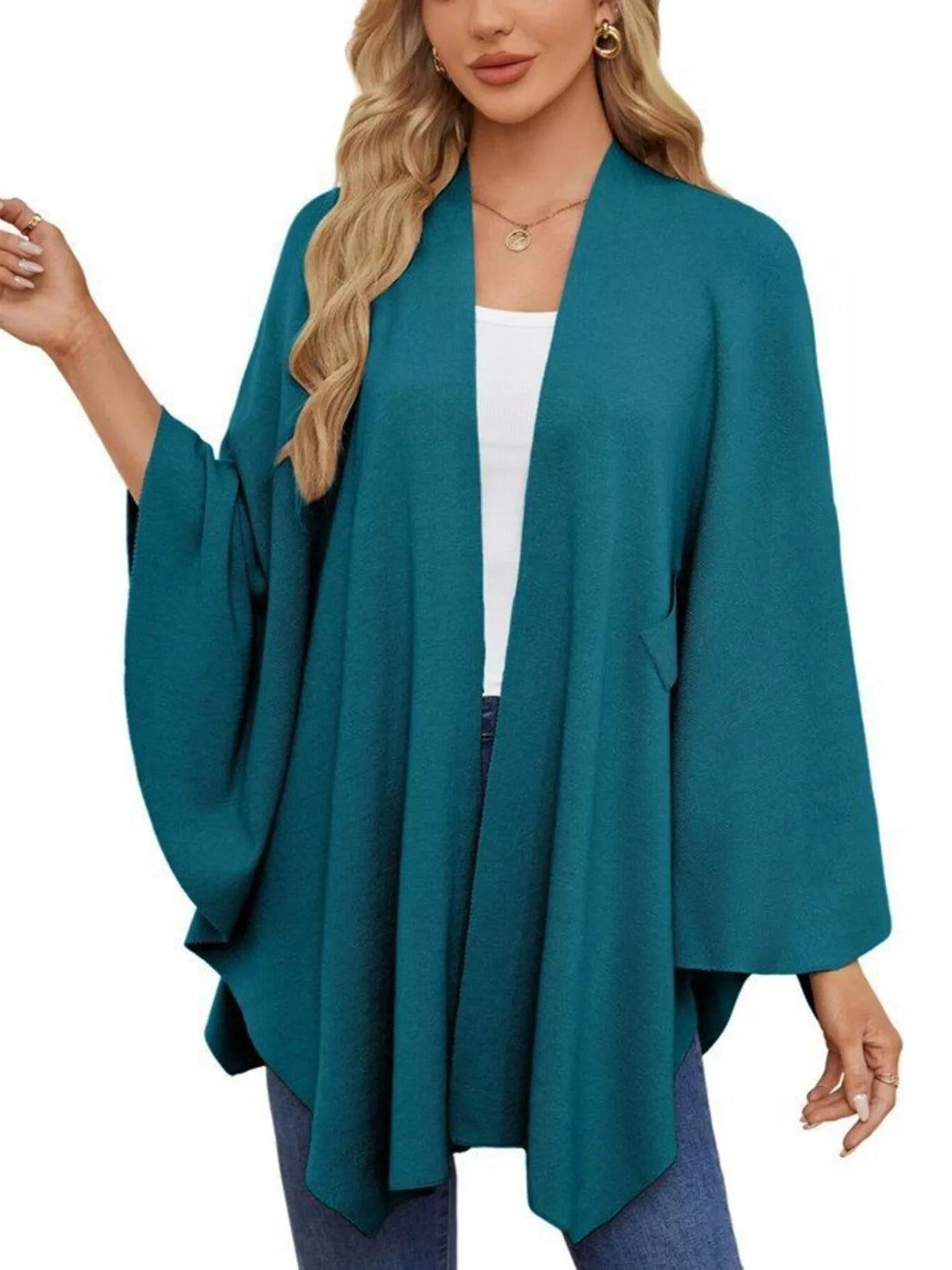 Teal women’s cape shawl with draped sleeves and front tie knot, open front