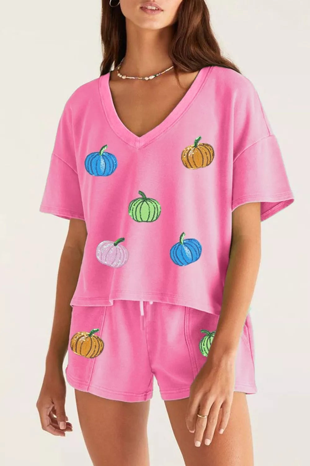 Fuchsia pink V-neck pumpkin print tee with drawstring shorts set, short sleeves