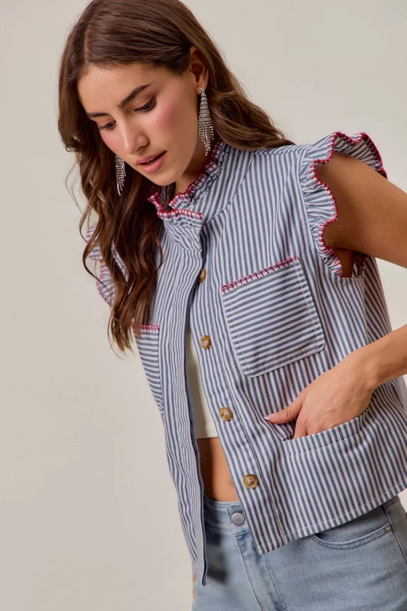 Ruffled sleeveless striped vest top with red trim, chest pockets, front hidden buttons