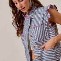 Ruffled sleeveless striped vest top with red trim, chest pockets, front hidden buttons