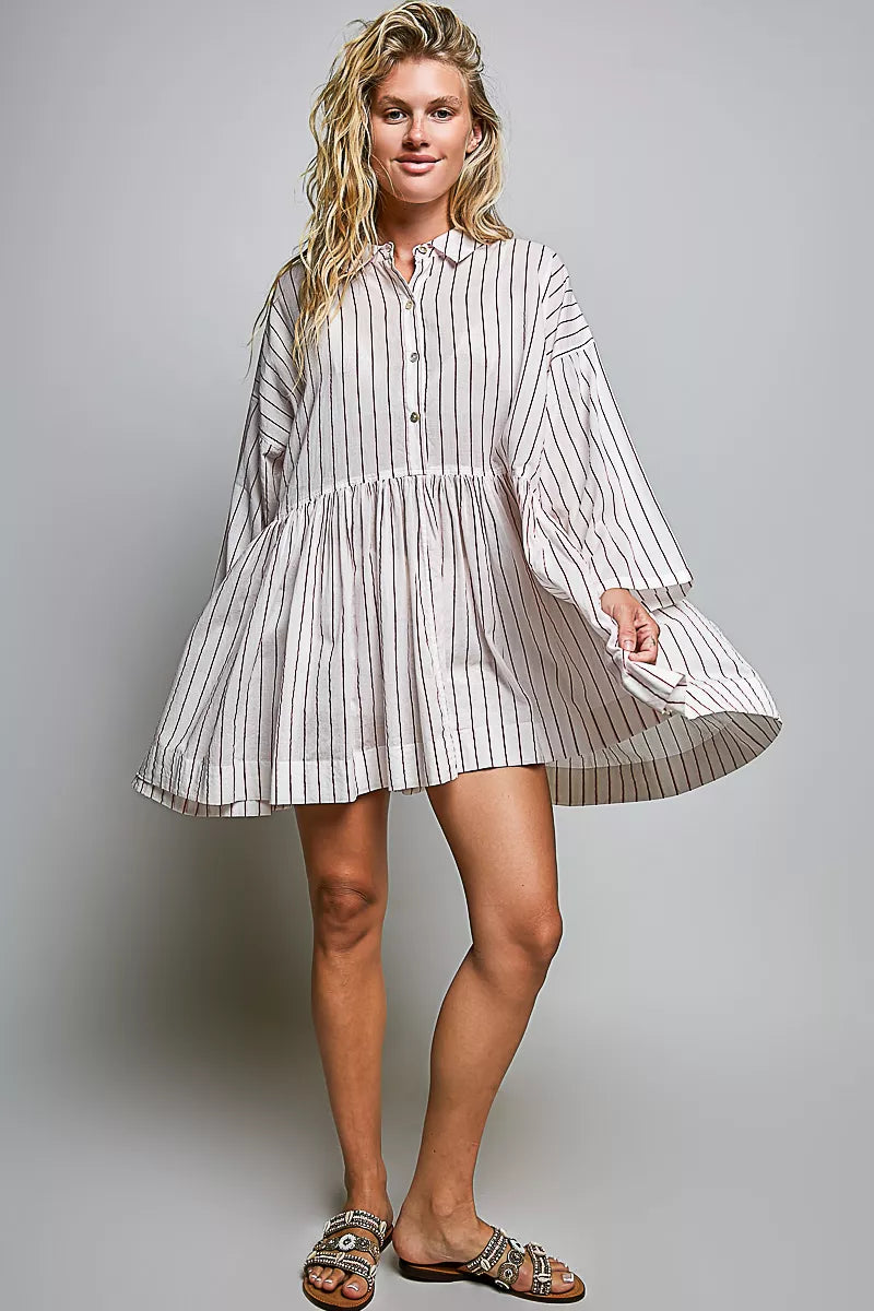 Striped shirt dress with collar, button front, gathered waist, long sleeves, flared hem