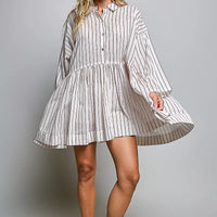 Striped shirt dress with collar, button front, gathered waist, long sleeves, flared hem
