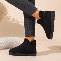 Black ankle boots with faux fur lining, side elastic gore, and rugged sole
