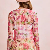 Back view of pink multi floral mesh cardigan top with button placket and V-neck