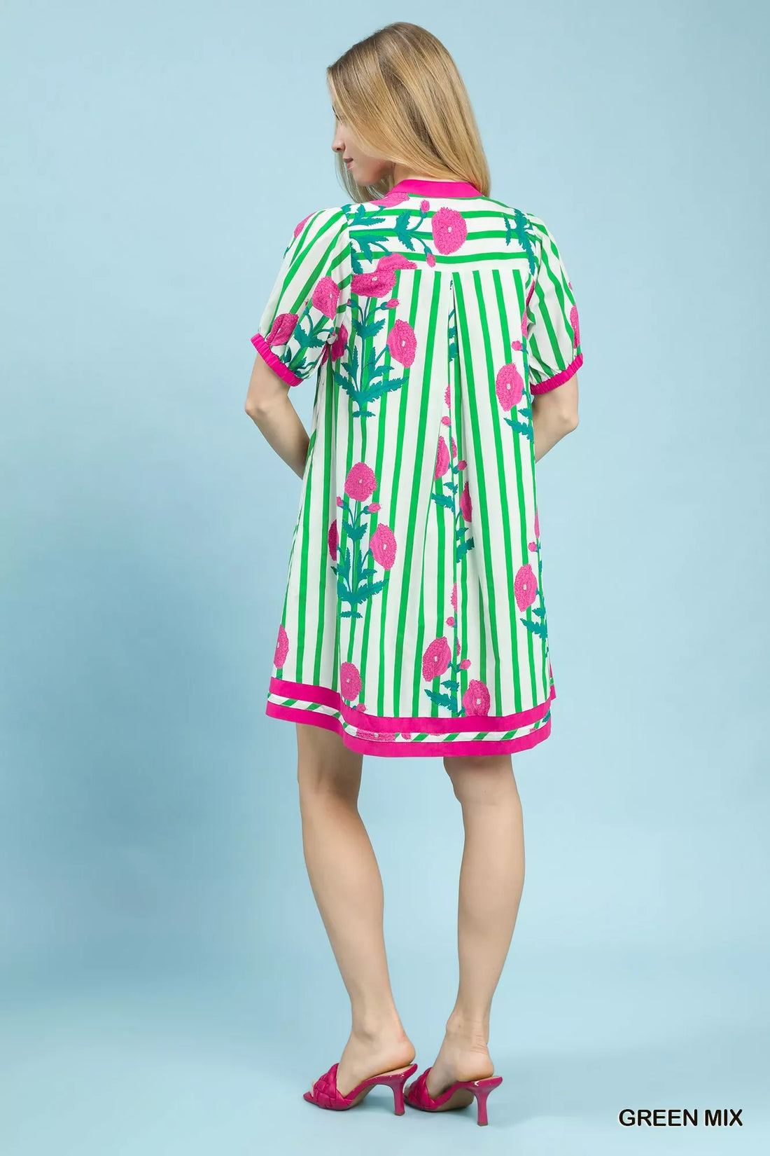 Green striped floral dress with pink trim, short sleeves, back view yoke panel