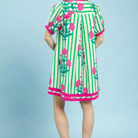 Green striped floral dress with pink trim, short sleeves, back view yoke panel