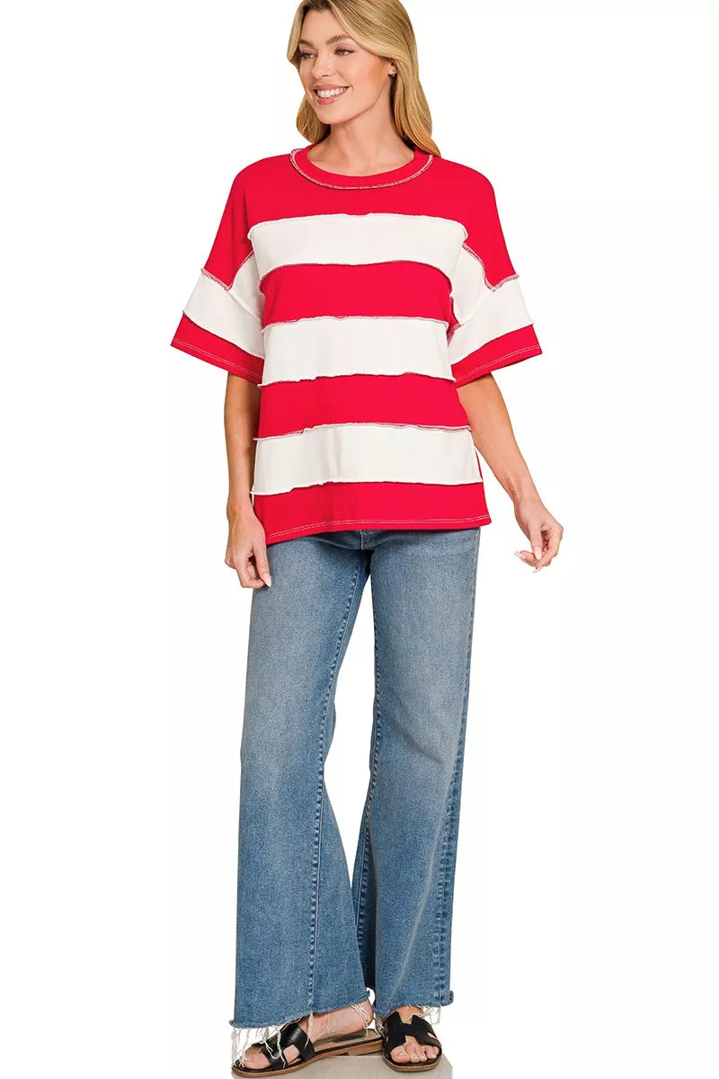 RUBY and white striped french terry top, crew neck, cuffed short sleeves