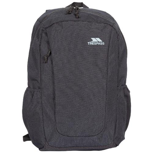 Charcoal Trespass ALDER backpack with front zip pocket and elastic side pockets.