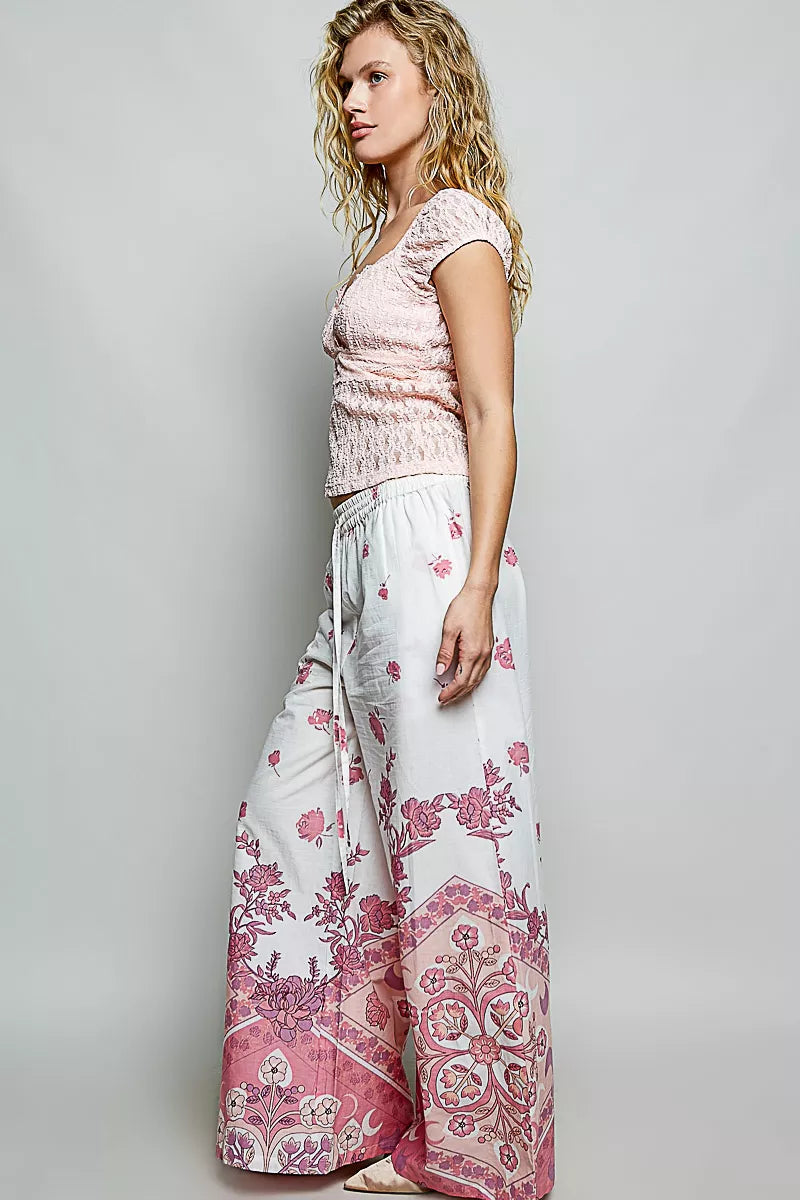 Blush lace sweetheart neck short sleeve top, angled side view