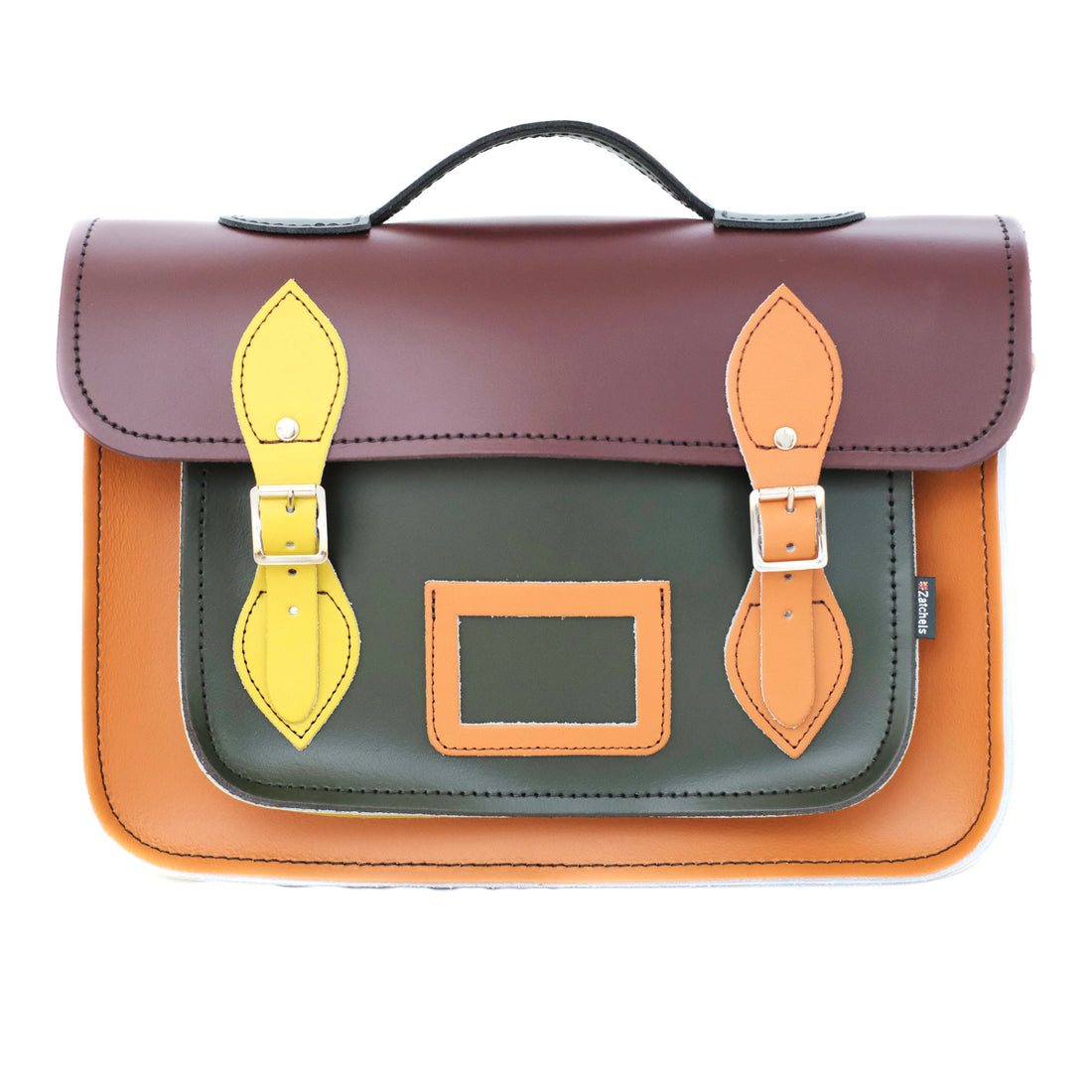 Handmade leather satchel with flap, dark plum top, multi-color straps and front pocket