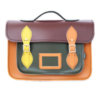 Handmade leather satchel with flap, dark plum top, multi-color straps and front pocket