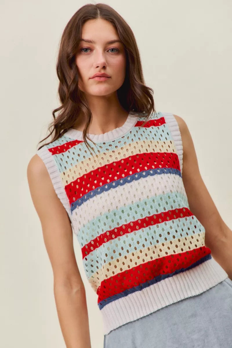 Women’s sweater knit tank top, sleeveless striped knit with ribbed neckline