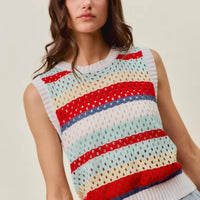 Women’s sweater knit tank top, sleeveless striped knit with ribbed neckline