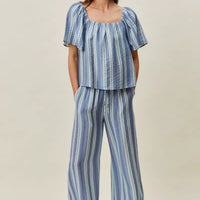 Blue striped wide-leg pull-on pants in vertical lines with elastic waist