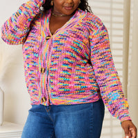 Multicolor v-neck knit cardigan with button-front, long sleeves and ribbed cuffs