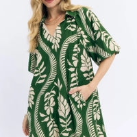 Green and cream leafy print mini dress with V-neck and gathered short sleeves