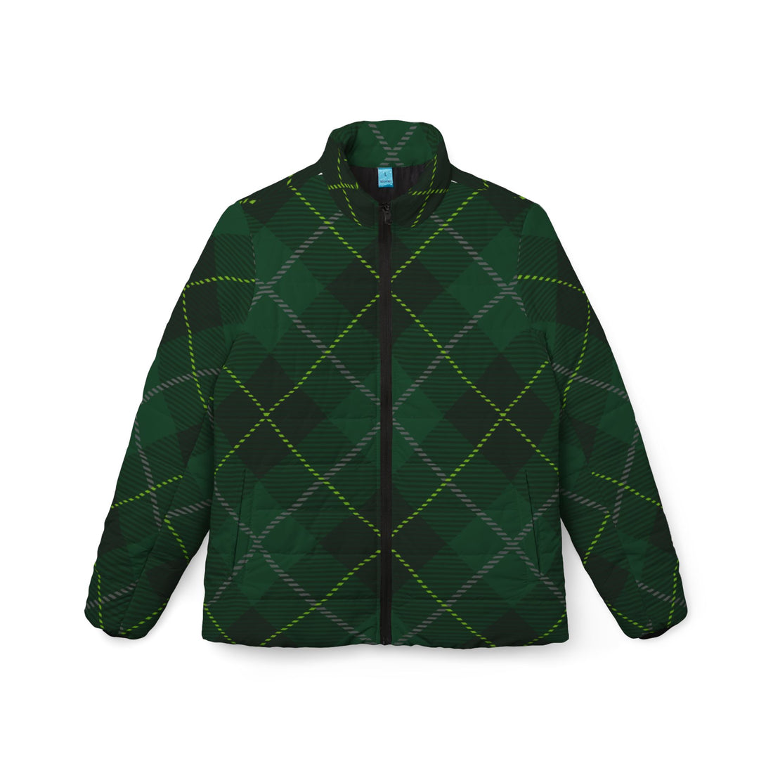 Black Puffer Coats | Green Tartan Plaid Winter Jacket