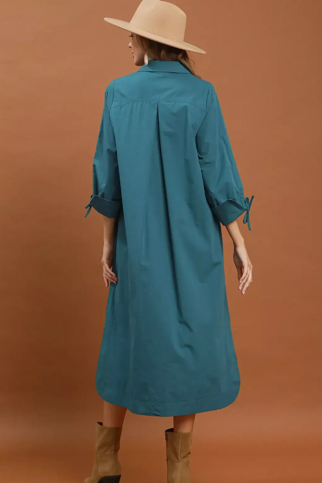 Teal collared button-front midi dress, back view with buttoned placket