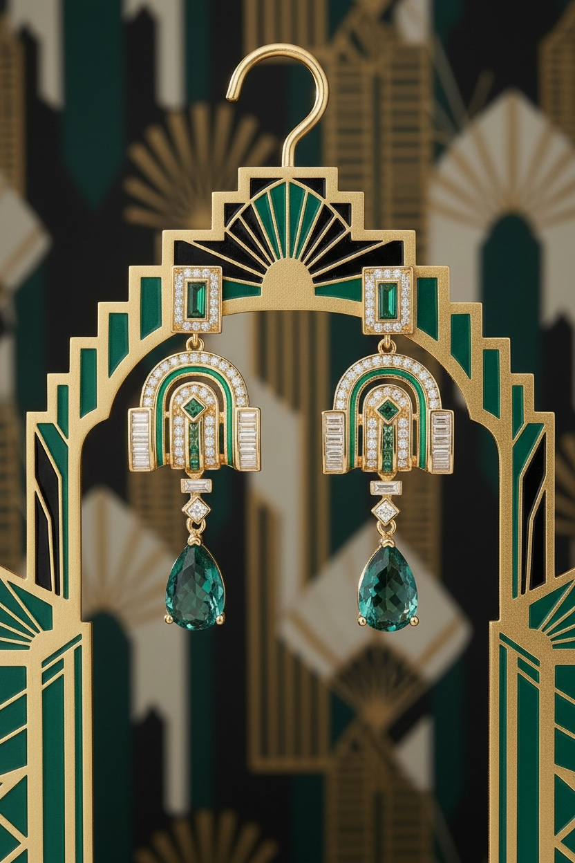Savoy Art Deco  Drop Earrings Emerald Gold-3