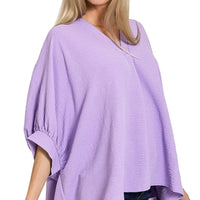 Lavender V-neck puff half-sleeve woven top with loose airflow fit