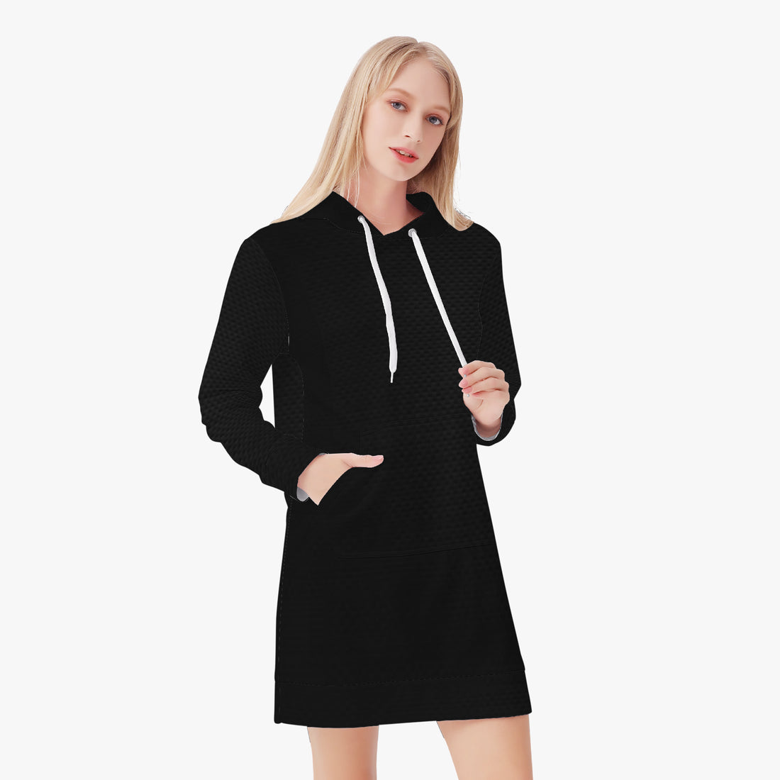 Black women’s hoodie dress front view with hood, white drawstring, long sleeves