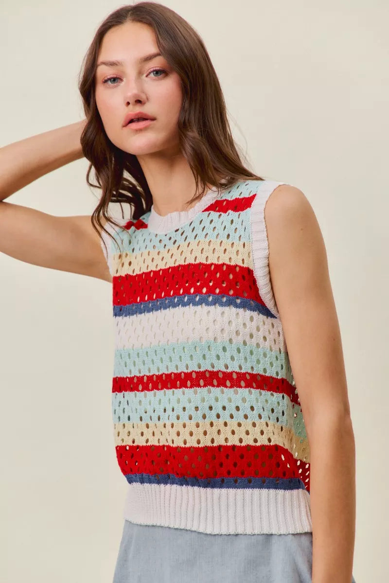 Sweater knit sleeveless tank top, red and blue multi stripe pattern