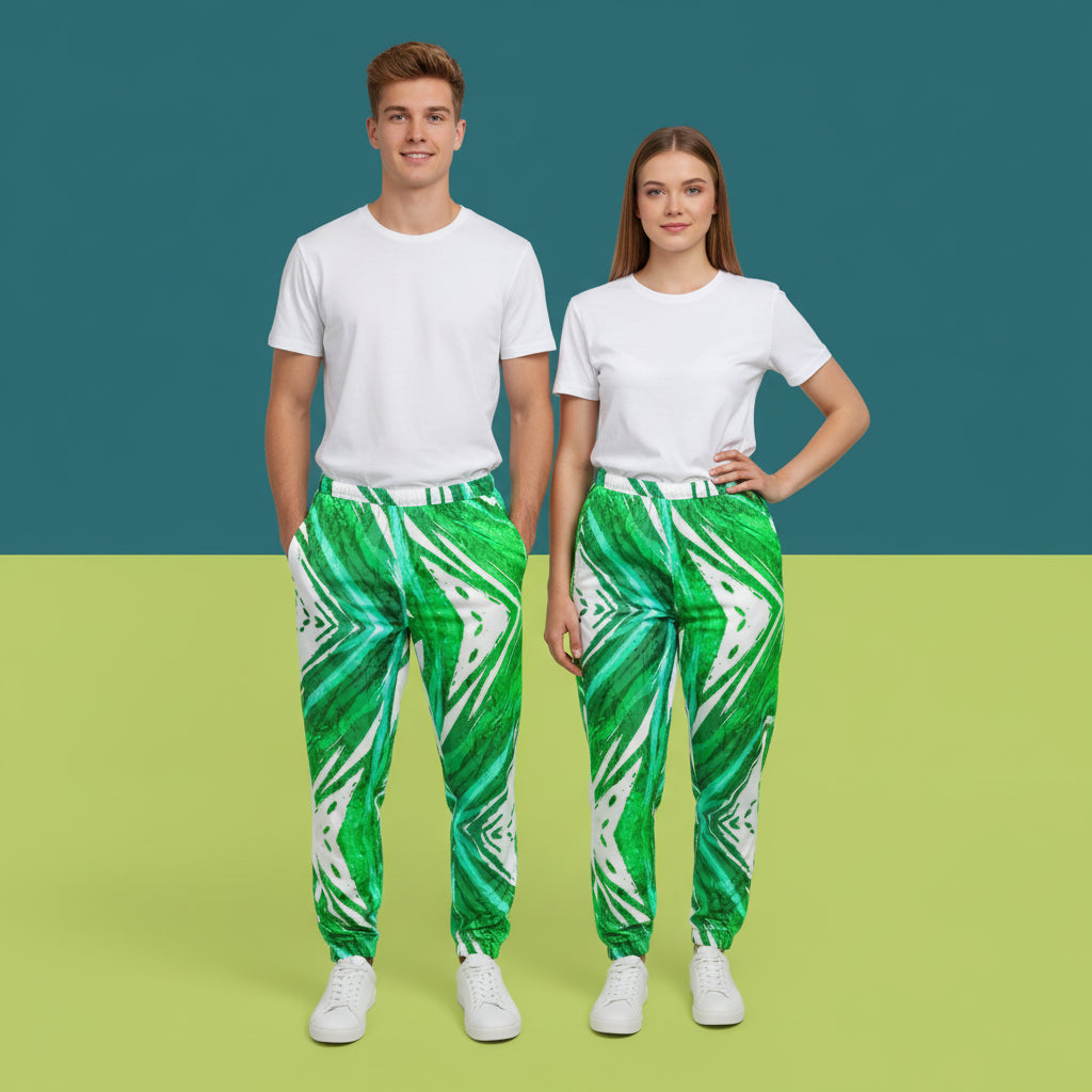 Green And White Track Pants | Unisex All-Over Print Streetwear Joggers