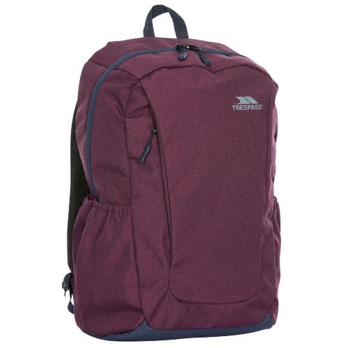 Burgundy Trespass ALDER backpack with front zip pocket and elastic side pockets.