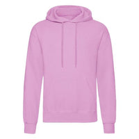 Light pink pullover hoodie with drawstring hood and front kangaroo pocket