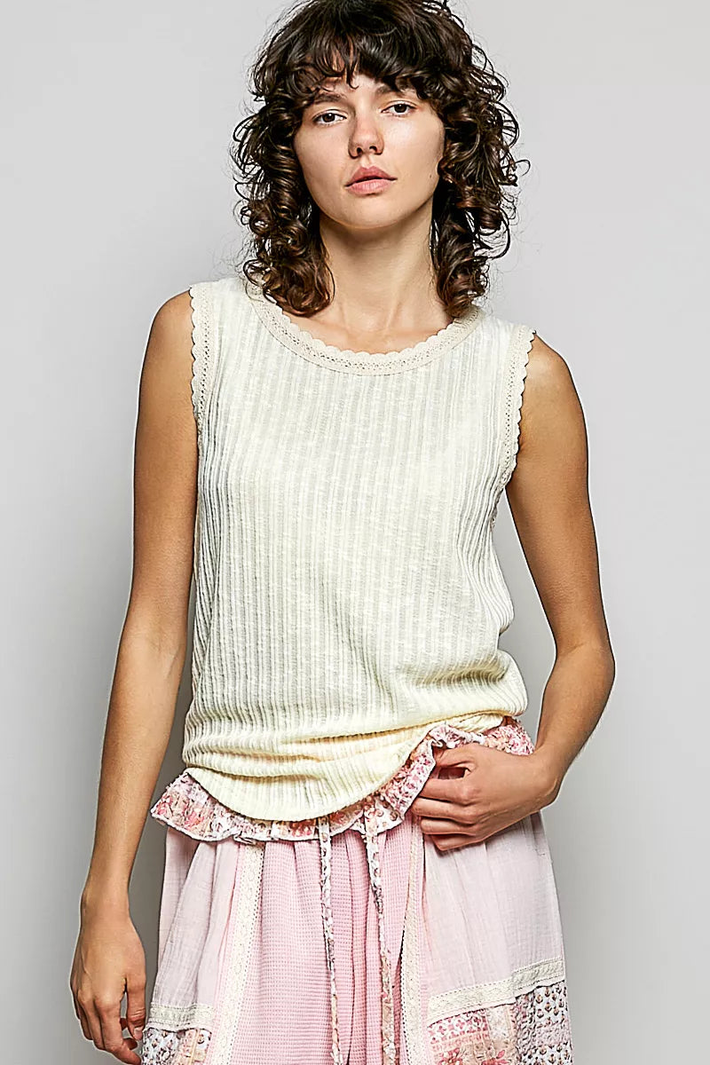 Beige ribbed sleeveless tank with scalloped lace round neckline