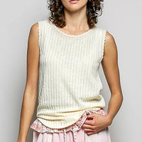 Beige ribbed sleeveless tank with scalloped lace round neckline