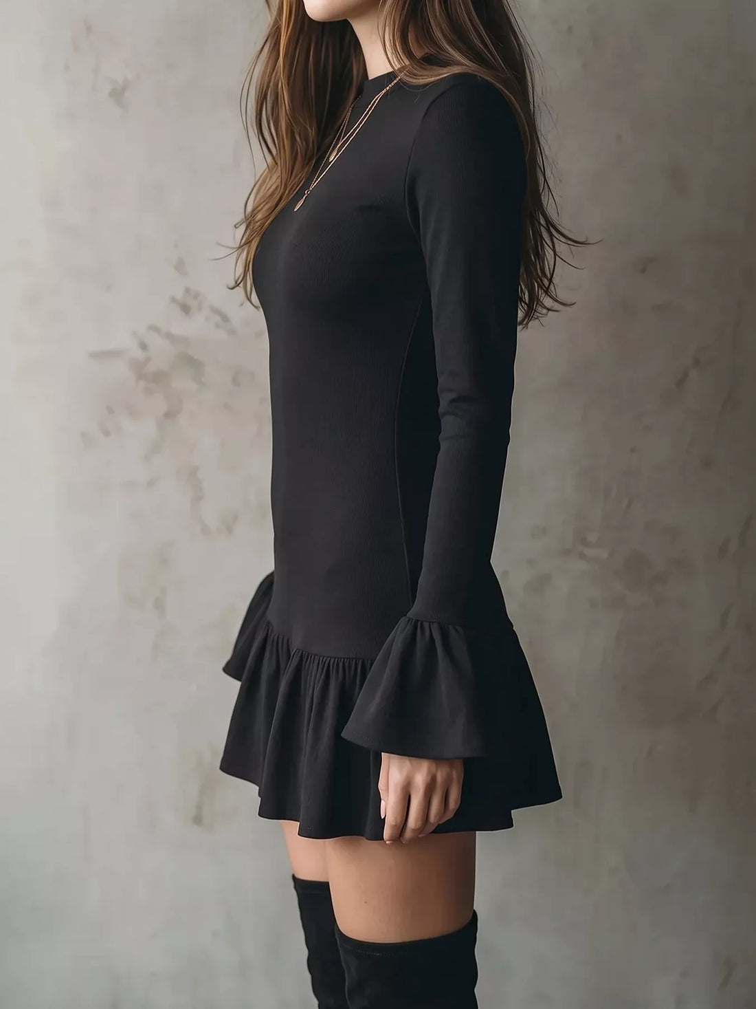 Black long-sleeve mini dress with ruffle hem detail and flared sleeve cuffs