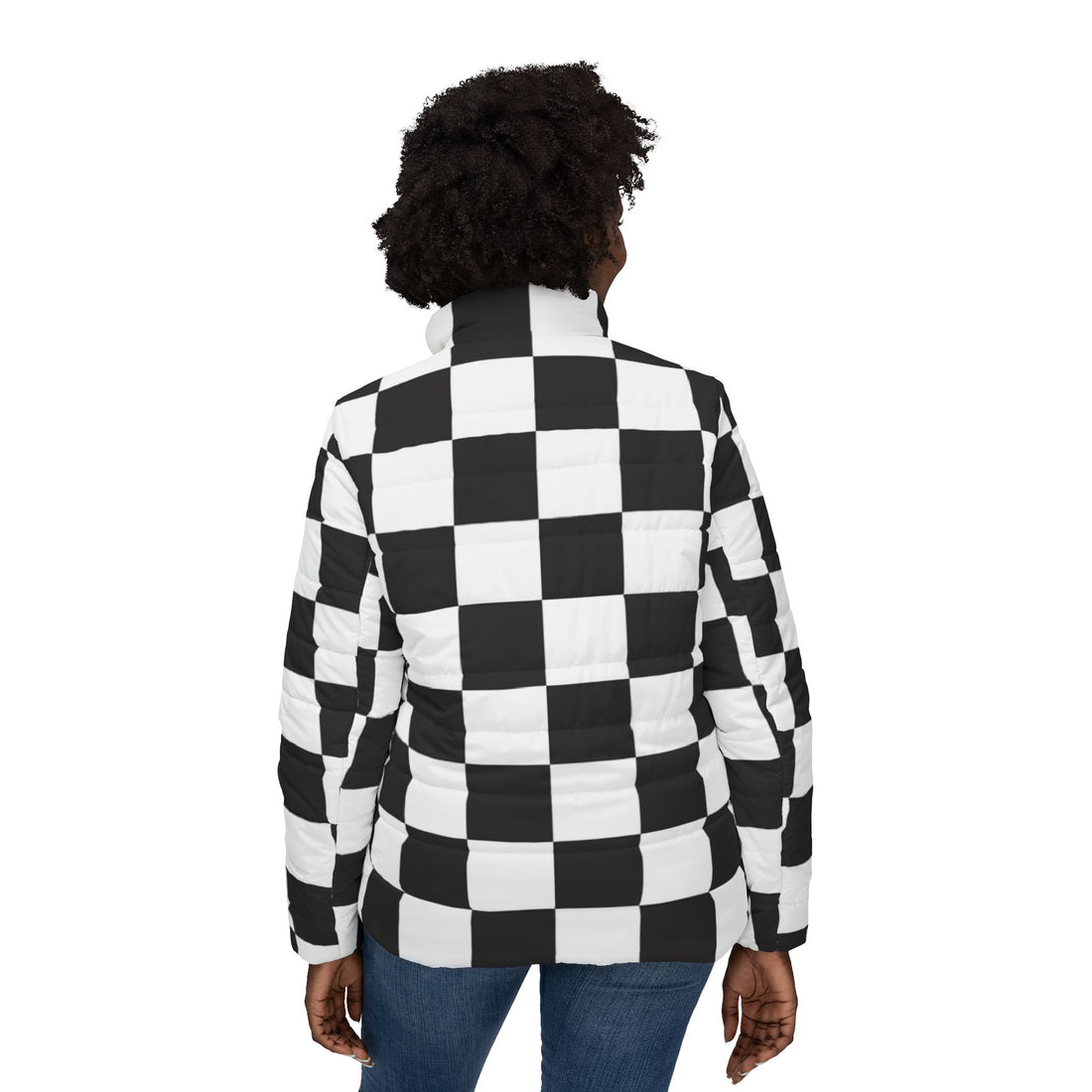 Black Puffer Womens Coat | Retro Black and White Checkered Jacket