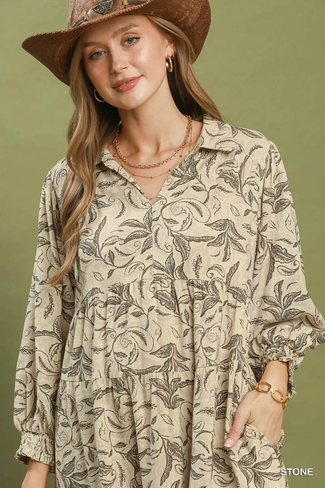 Beige botanical-print tiered midi dress with long sleeves and V-neck