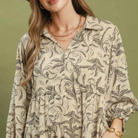 Beige botanical-print tiered midi dress with long sleeves and V-neck