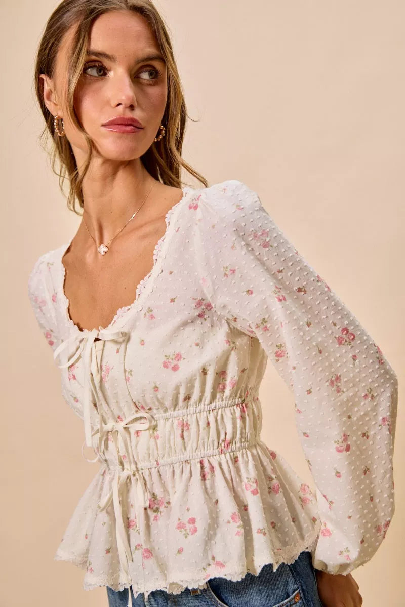 White floral clip-dot lace-trim blouse with gathered ruched bodice and puff sleeves