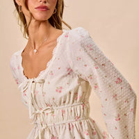 White floral clip-dot lace-trim blouse with gathered ruched bodice and puff sleeves