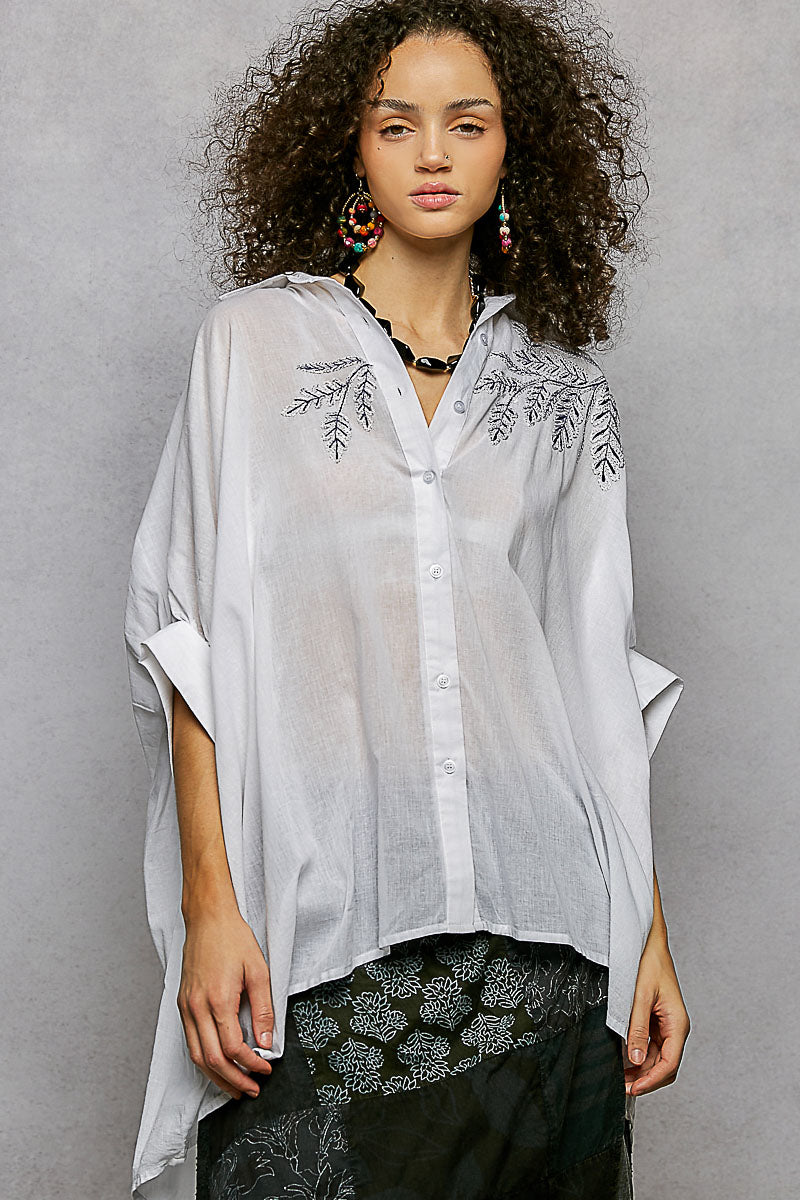 Ivory embroidered floral button-front high-low shirt with relaxed wide sleeves