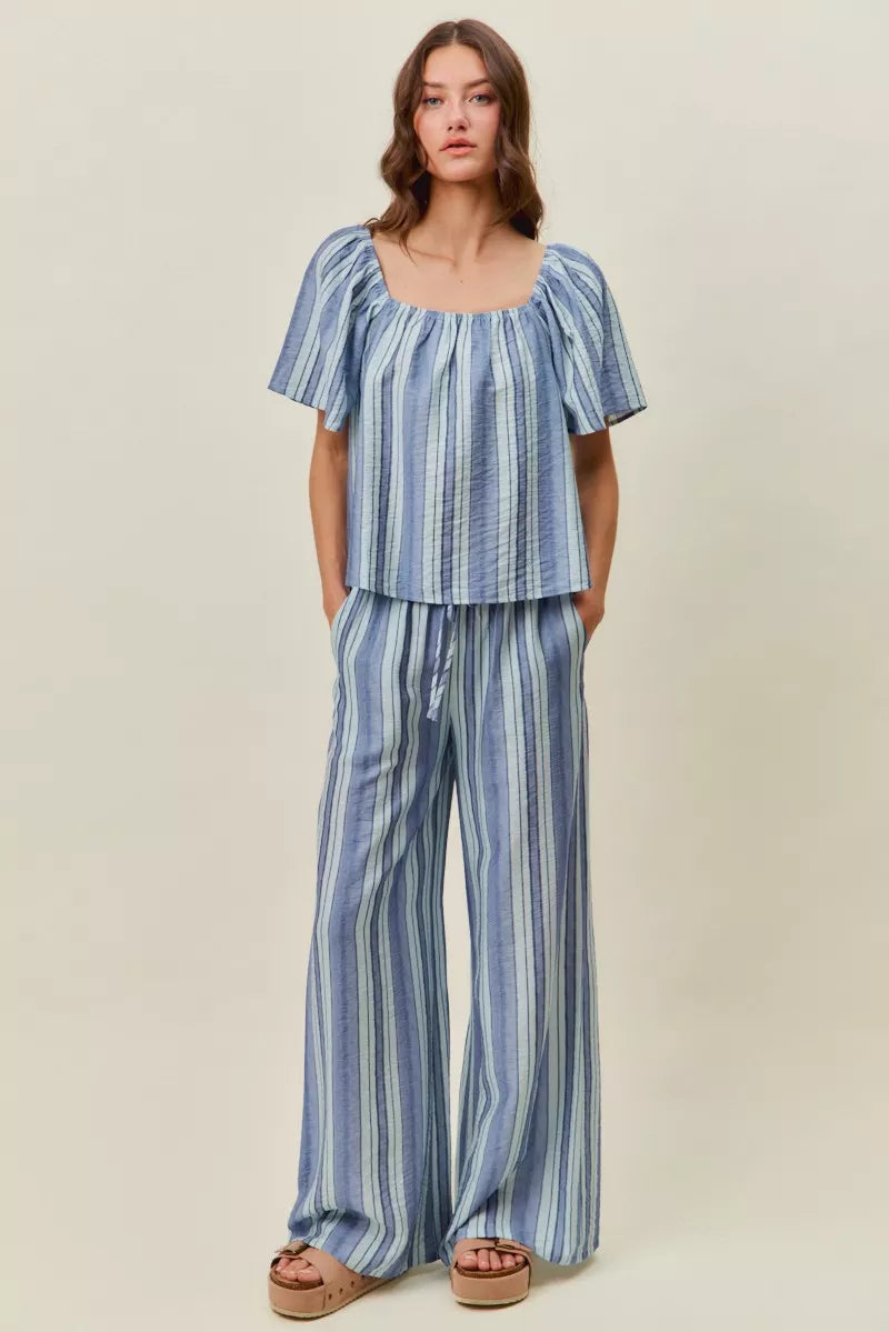 Blue vertical stripe wide-leg pants with pull-on elastic waist