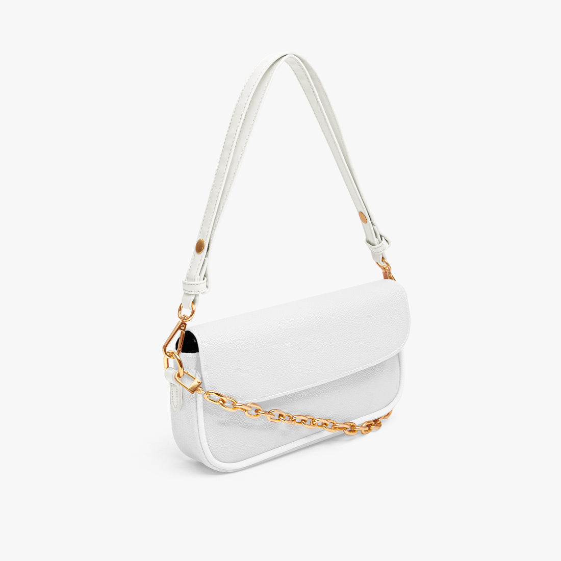 White mini shoulder bag side view with gold chain strap and curved flap.
