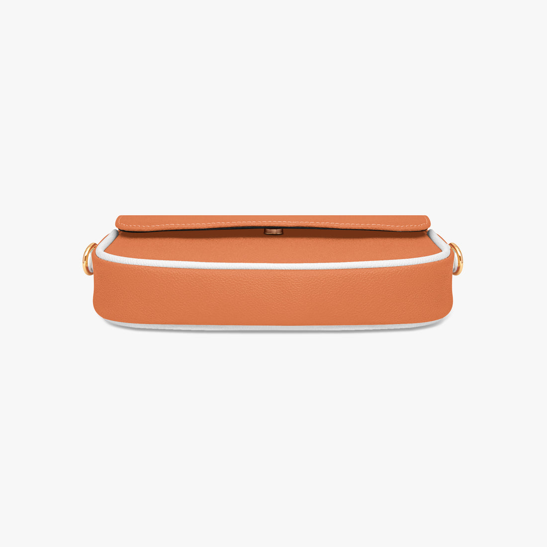 Orange flap shoulder bag with slim top edge and minimal front detailing