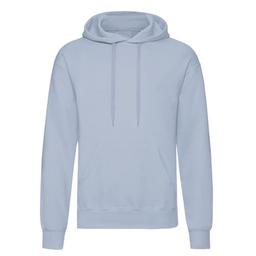 Light blue pullover hoodie with drawstring hood and front kangaroo pocket