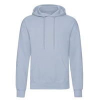 Light blue pullover hoodie with drawstring hood and front kangaroo pocket
