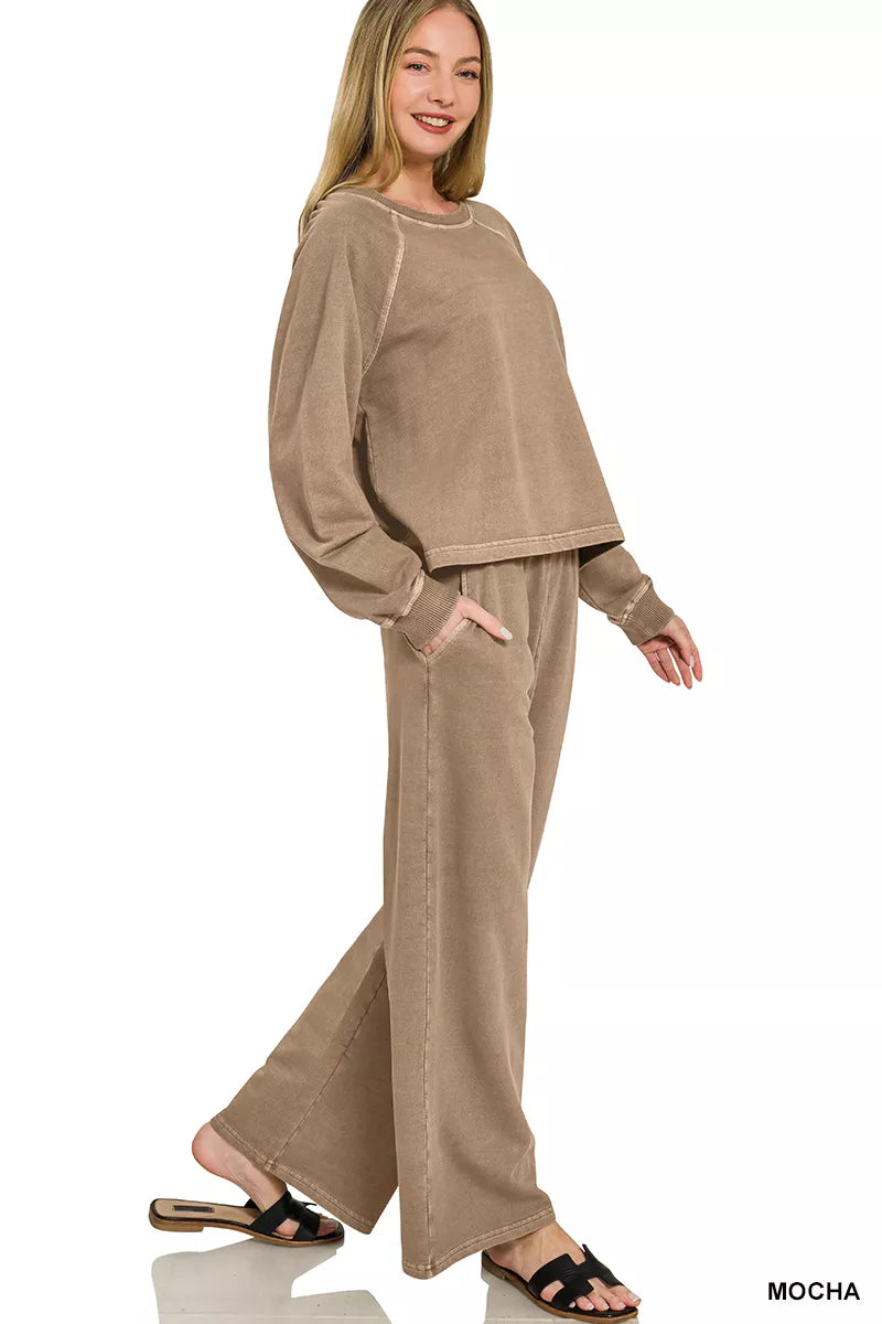 Mocha two-piece lounge set with long-sleeve pullover and flared wide-leg pants
