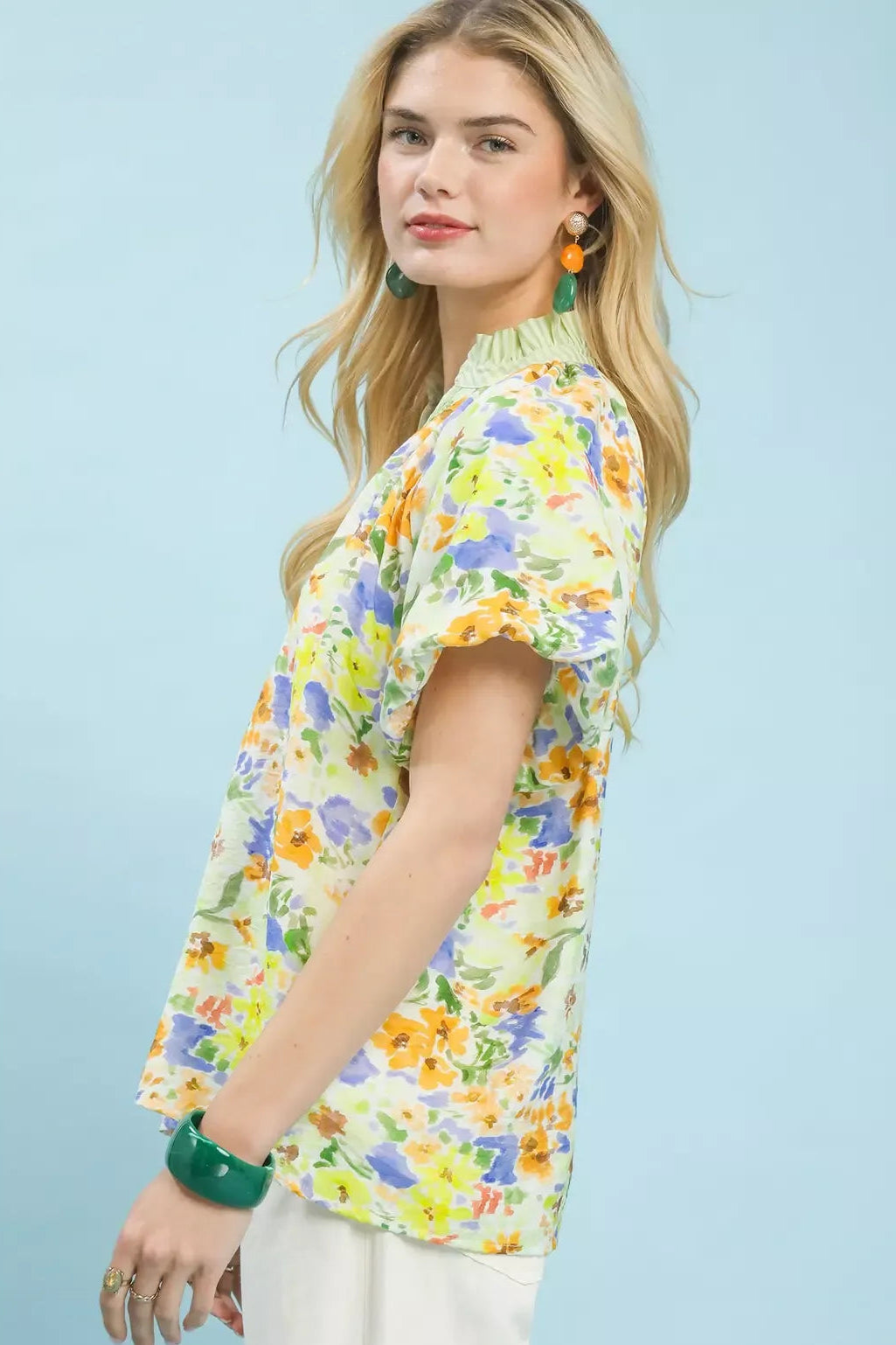 Green mix watercolor floral blouse with three-quarter puff sleeve and elastic cuff