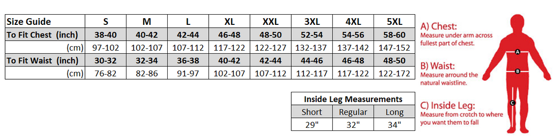 Harrington jacket size chart with chest, waist, and inside leg measurements